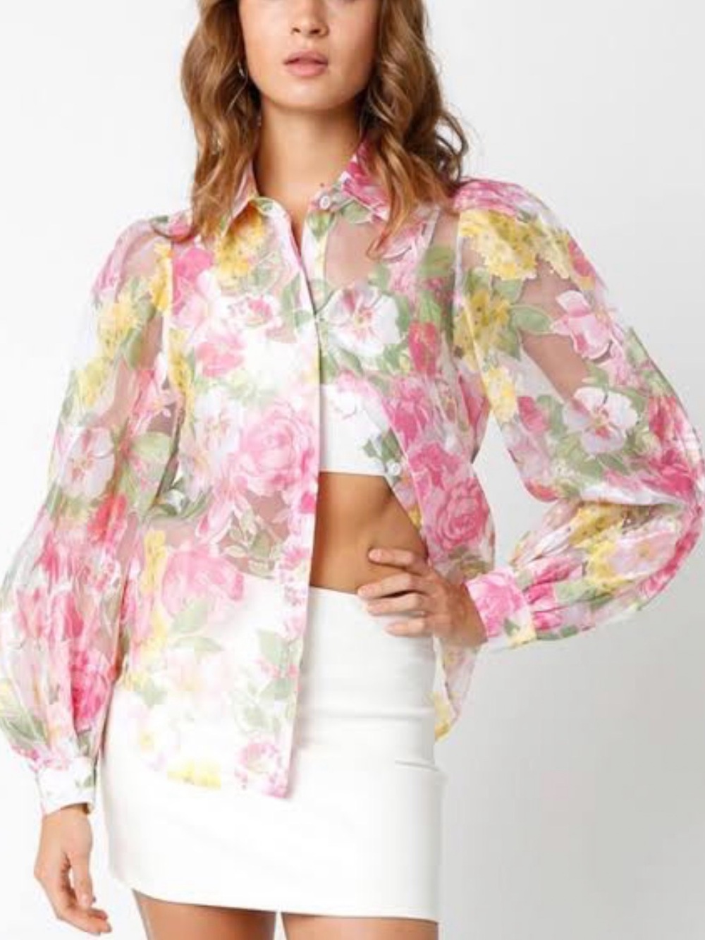 Olivaceous Sheer Floral Button-Down Organza Blouse in Pink, Yellow & Green